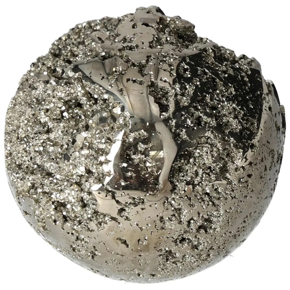 Polished 10 cm pyrite sphere showcasing golden luster and radiant energy