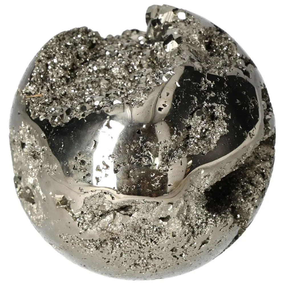 Polished 10 cm pyrite sphere showcasing golden luster and grounding energy, perfect for elevating space and enhancing radiance.