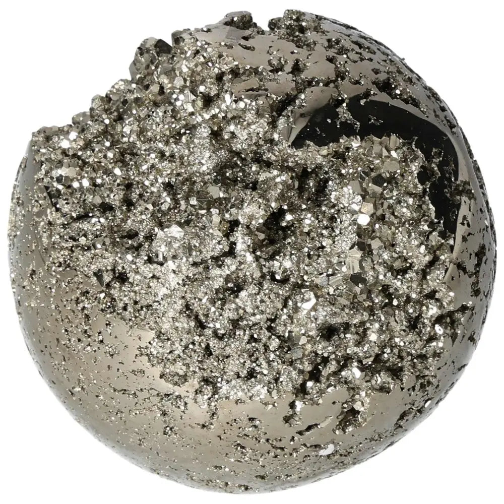 Polished 10 cm Pyrite Sphere with radiant golden luster, showcasing natural texture and grounding energy.