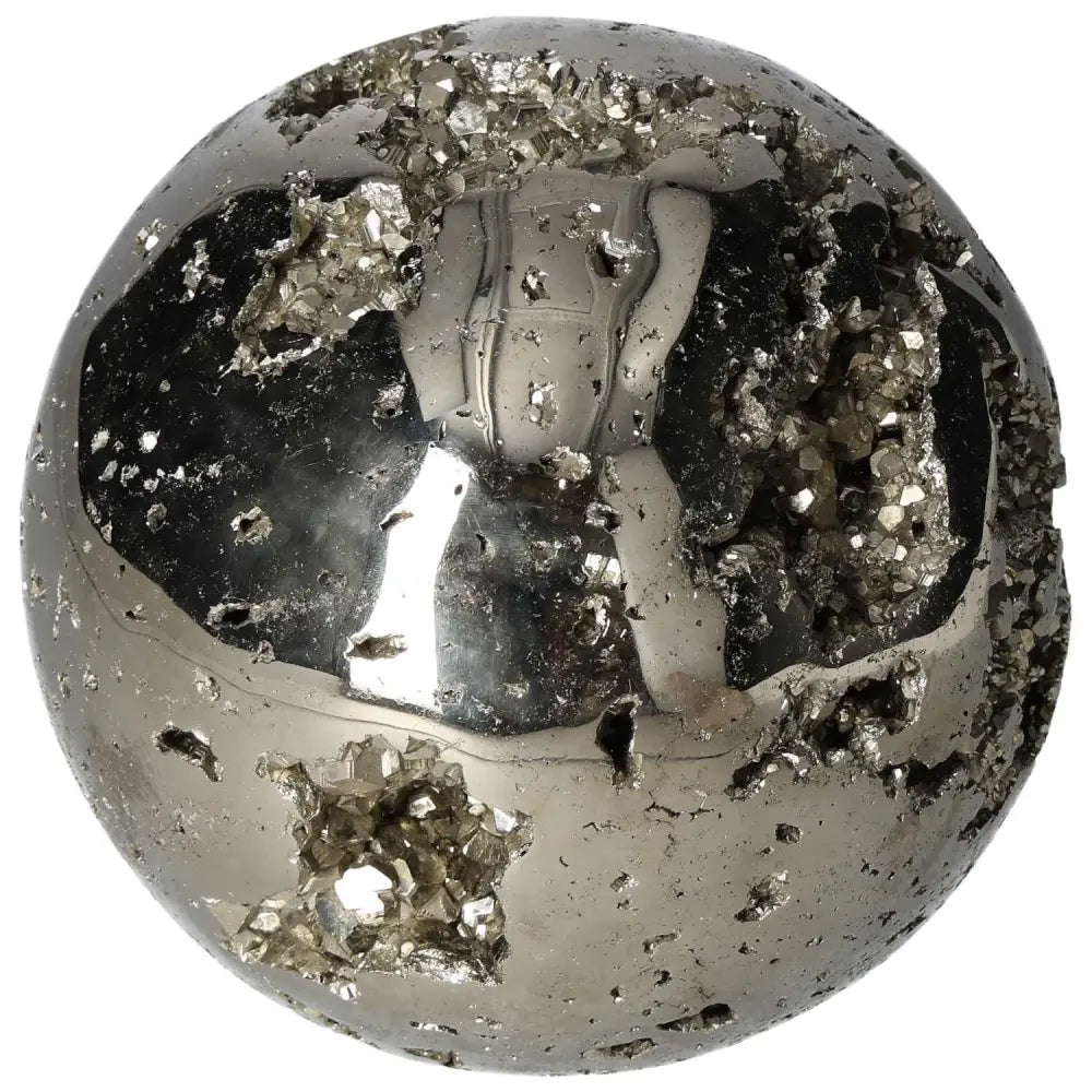 Polished 16 cm pyrite sphere showcasing radiant gold luster, known for its grounding energy and decorative elegance.