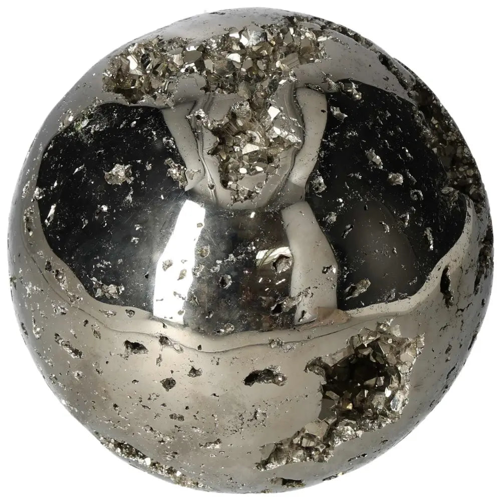 Polished 16 cm pyrite sphere showcasing golden luster and grounding power, perfect for enhancing energy and décor.