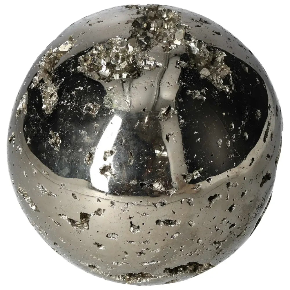 Polished 16 cm pyrite sphere showcasing golden luster and grounding power, perfect for elevating space energy.