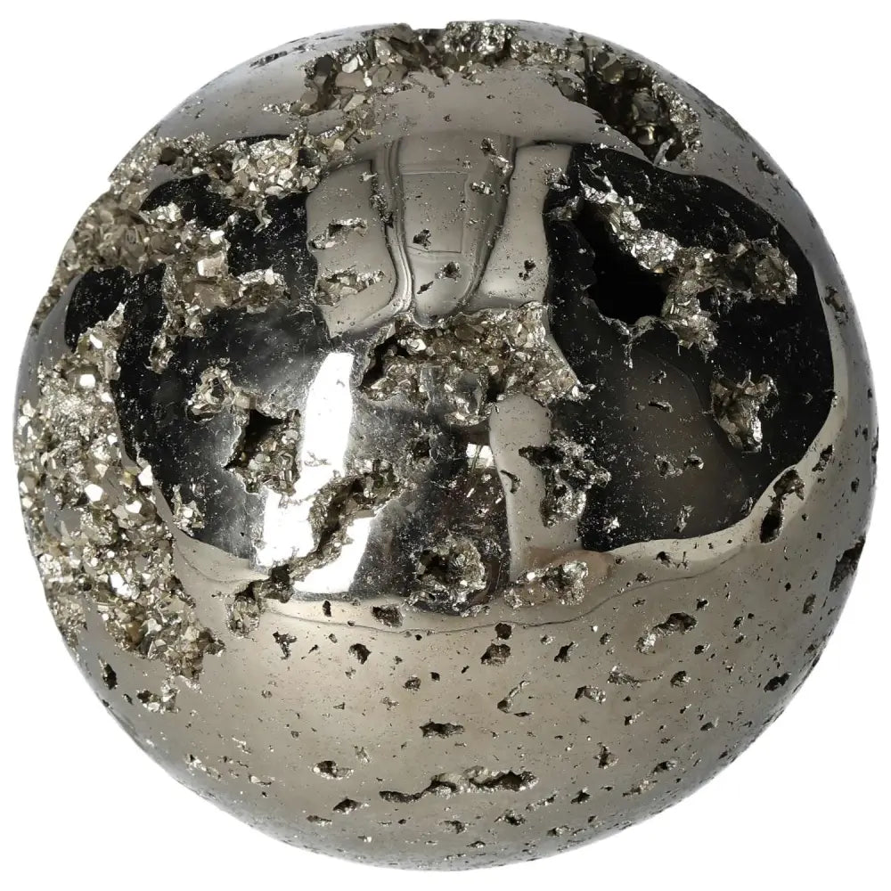 Glossy 16 cm pyrite sphere showcasing its golden luster and grounding qualities, perfect for elevating space and energy.