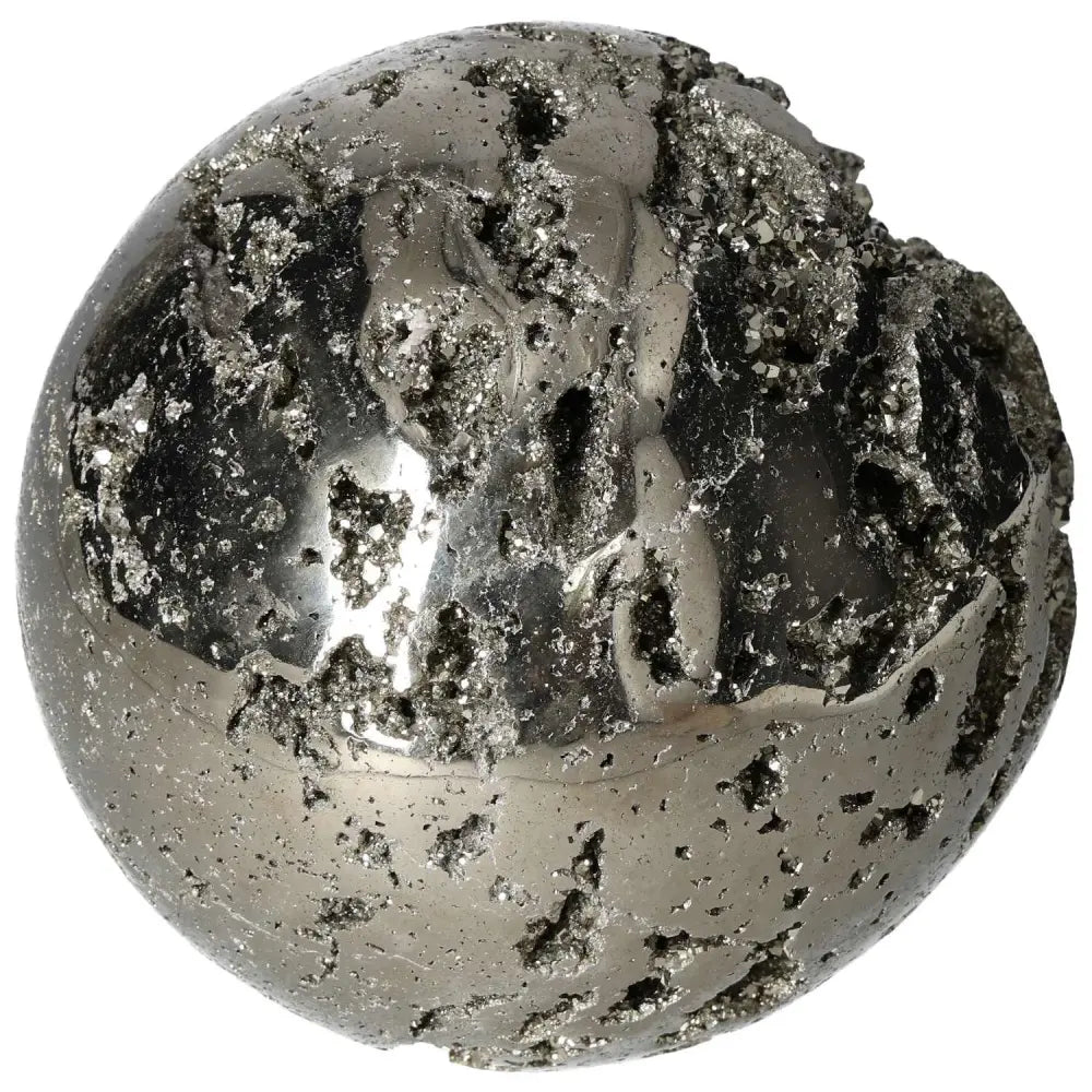 Polished 18 cm pyrite sphere with golden luster, showcasing grounding energy and magnetic beauty in an artisan-crafted design.