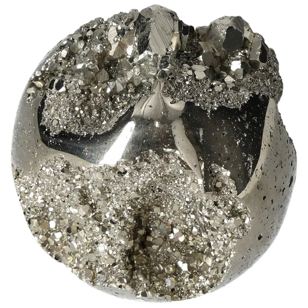 Polished 8 cm pyrite sphere showcasing golden luster and grounding energy, ideal for elevating space with radiant charm and design.