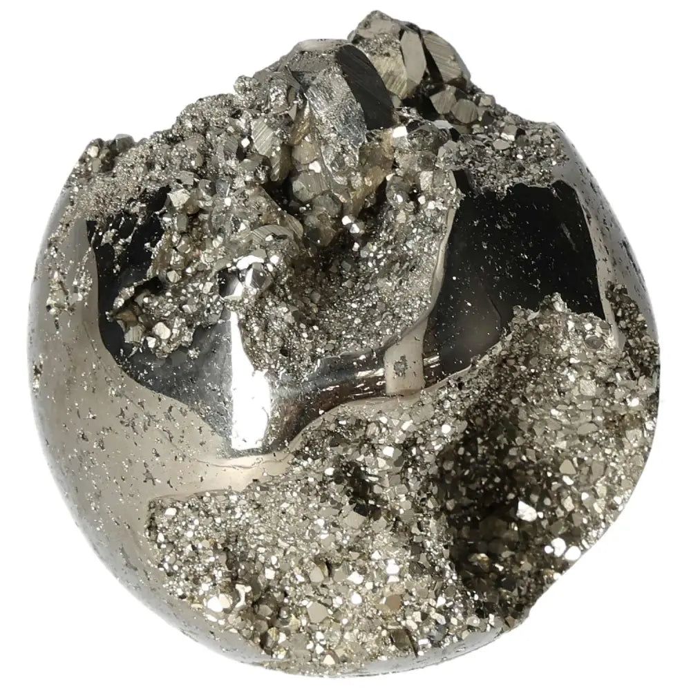 Polished pyrite sphere with golden luster, showcasing radiant energy and grounding power, 8 cm diameter, exquisite craftsmanship.