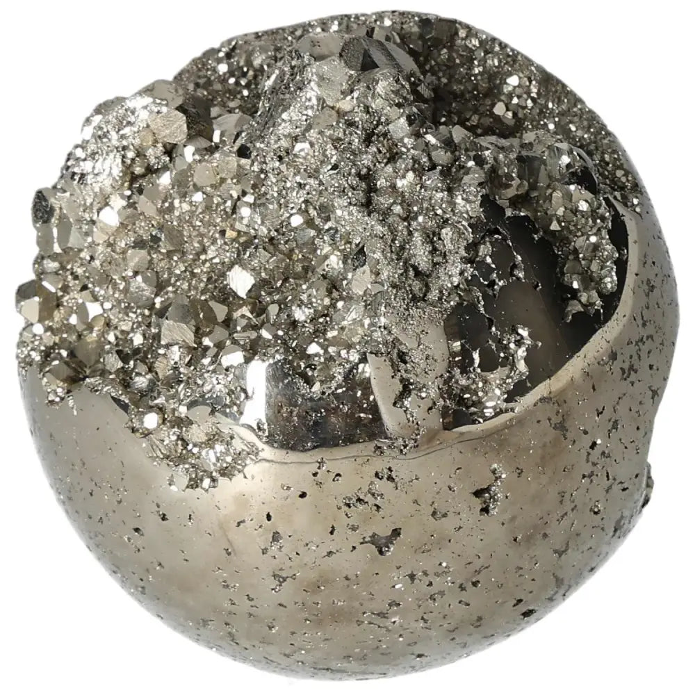Polished pyrite sphere 8 cm showcasing golden luster and radiant energy, enhancing space with grounding elegance.