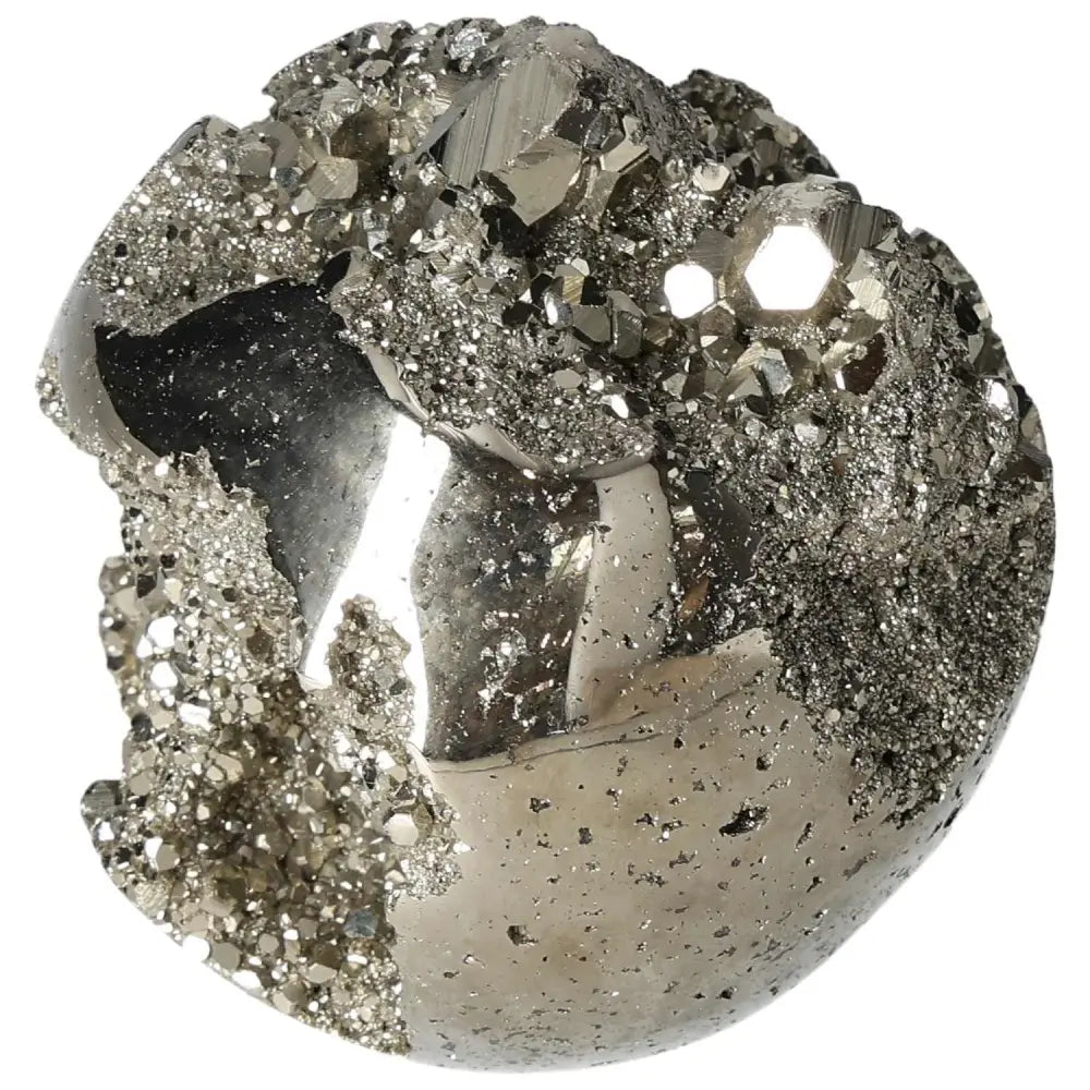 Polished 8 cm pyrite sphere showcasing golden luster and unique crystalline textures, perfect for energy enhancement and interior decor.