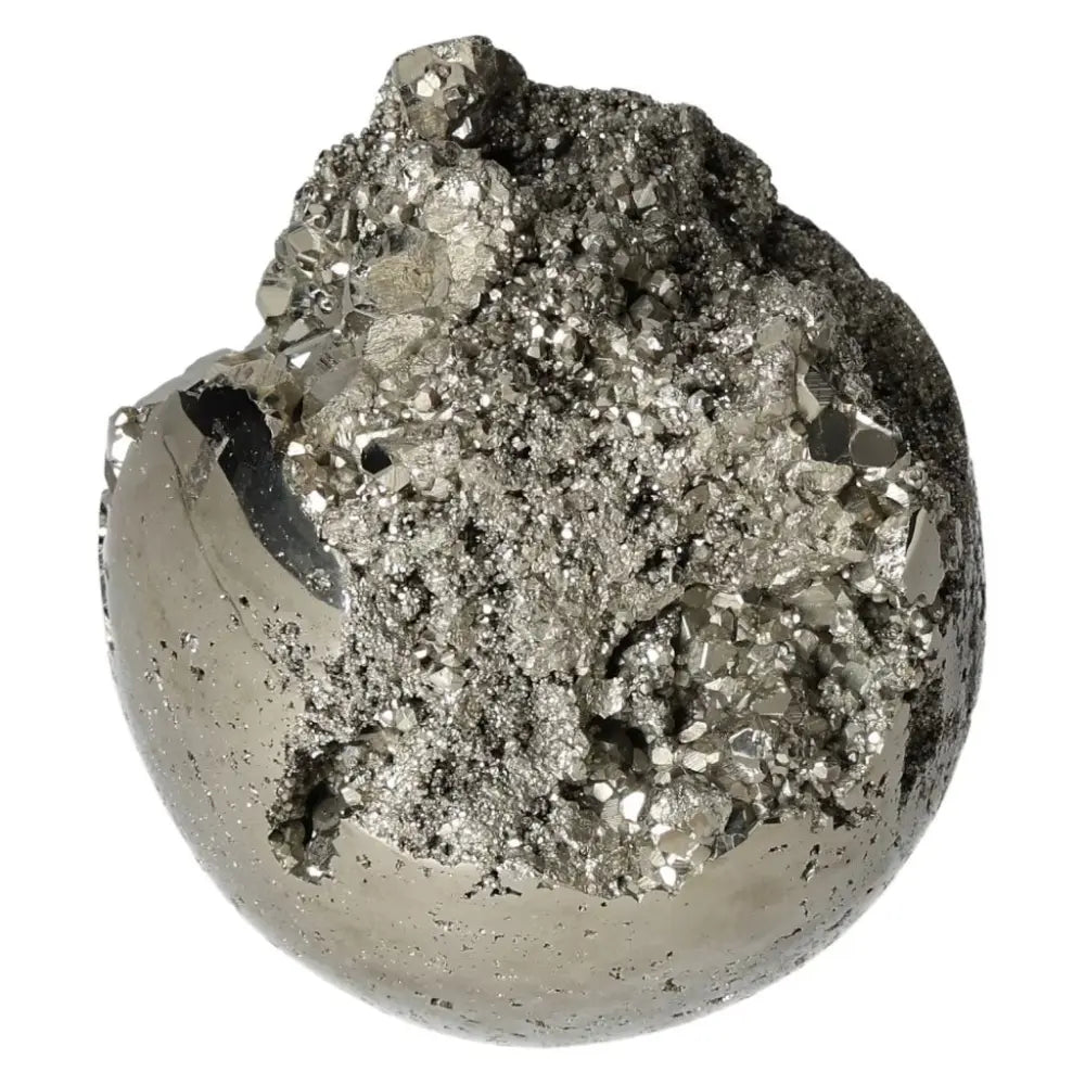 Polished 9 cm pyrite sphere showcasing golden luster and radiant energy, expertly carved for grounding and elegance.