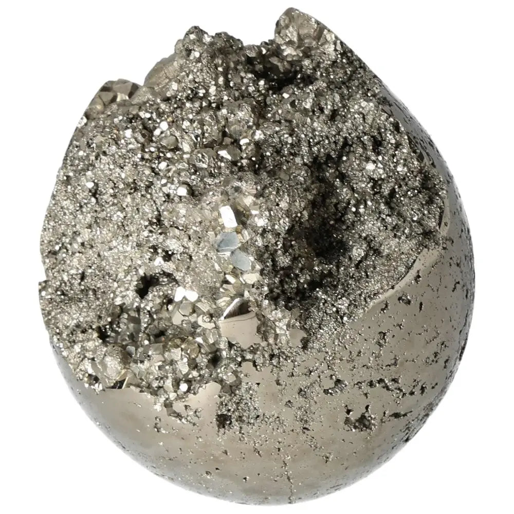 Polished Pyrite Sphere 9 cm showcasing golden luster and radiant energy, perfect for enhancing space and grounding energy.
