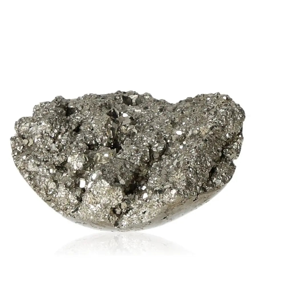 Close-up of sparkling natural pyrite mineral, known as Fool's Gold for its golden hue and metallic luster, symbolizing prosperity.
