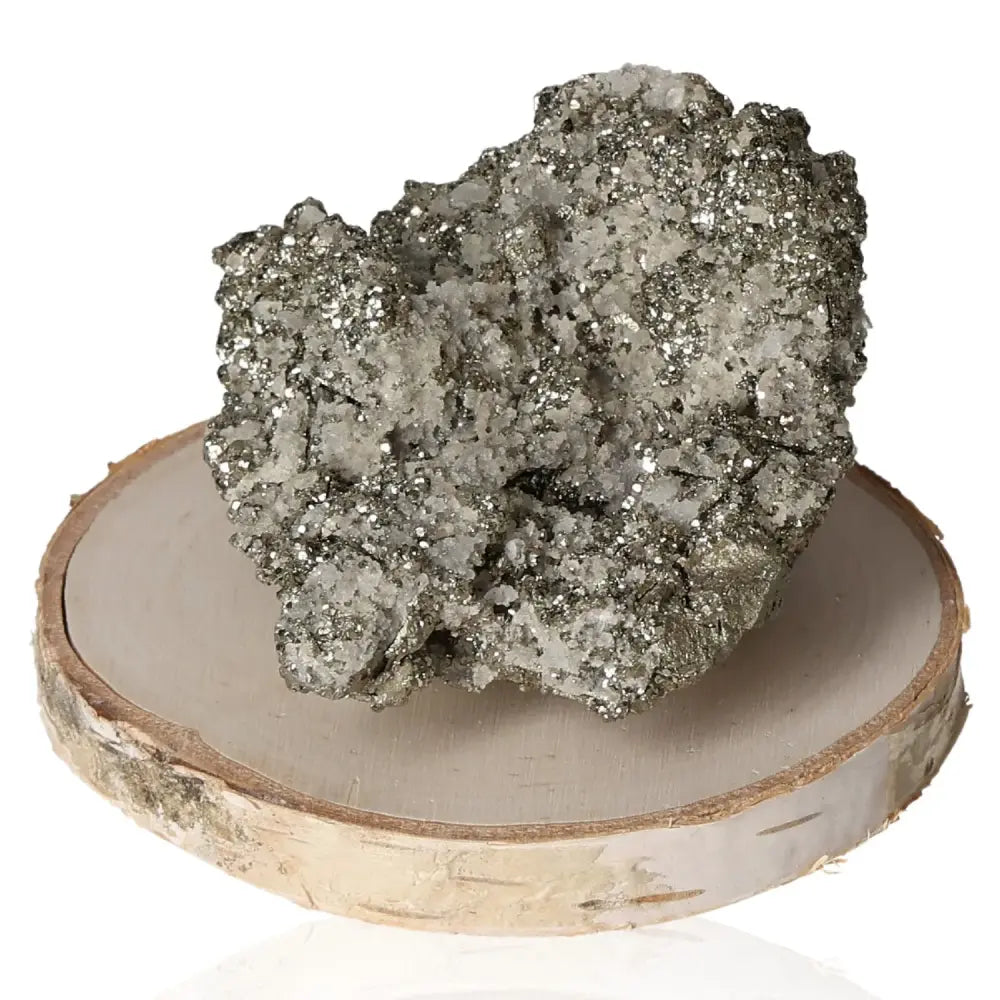 Premium Pyrite crystal on wooden base, showcasing its radiant beauty and metaphysical benefits, perfect for wealth manifestation.