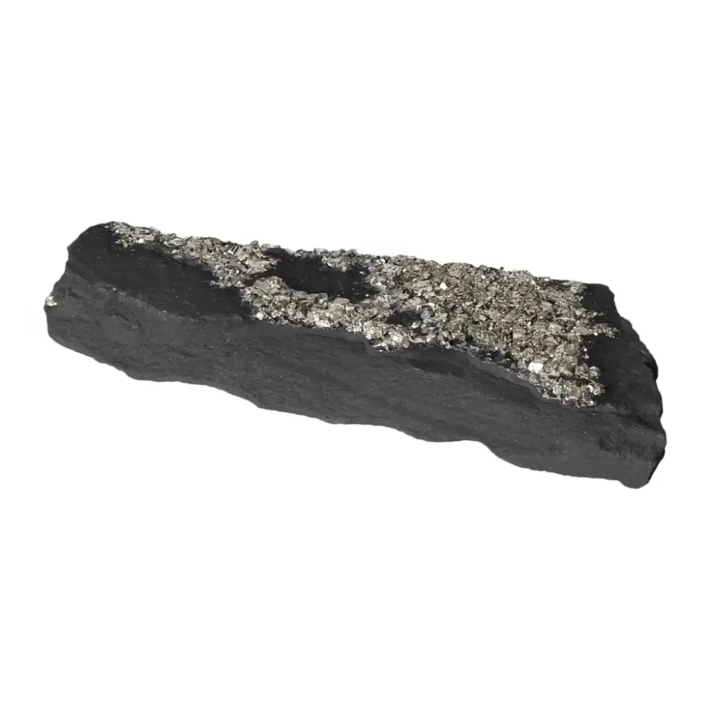 Pyrite with Basalt mineral fusion from Sylvia Crystals, showcasing shimmering pyrite contrasted against dark basalt background.