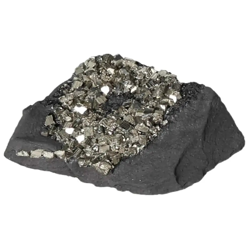 Pyrite with Basalt stone by Sylvia Crystals, showcasing glittering pyrite against dark basalt. Enhances courage and creative energy.