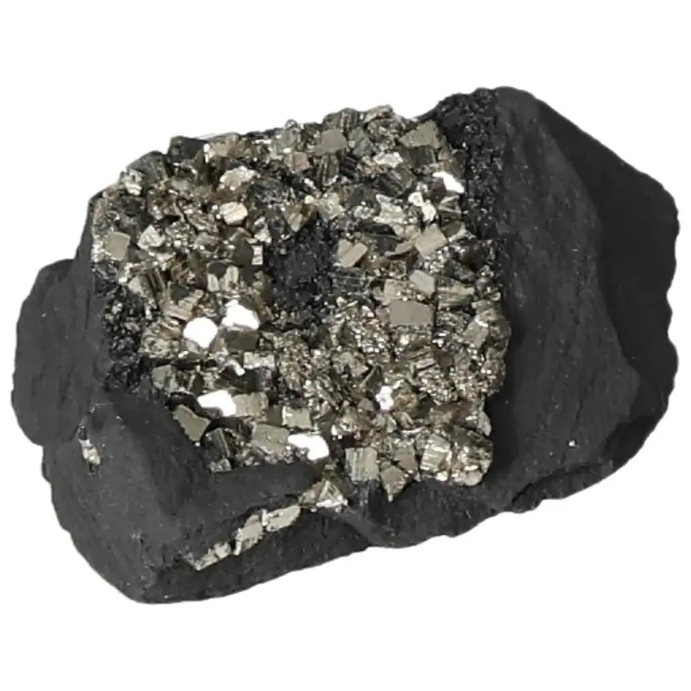 Pyrite with Basalt crystal, showcasing vibrant energy and grounding properties, a premium offering by Sylvia Crystals.