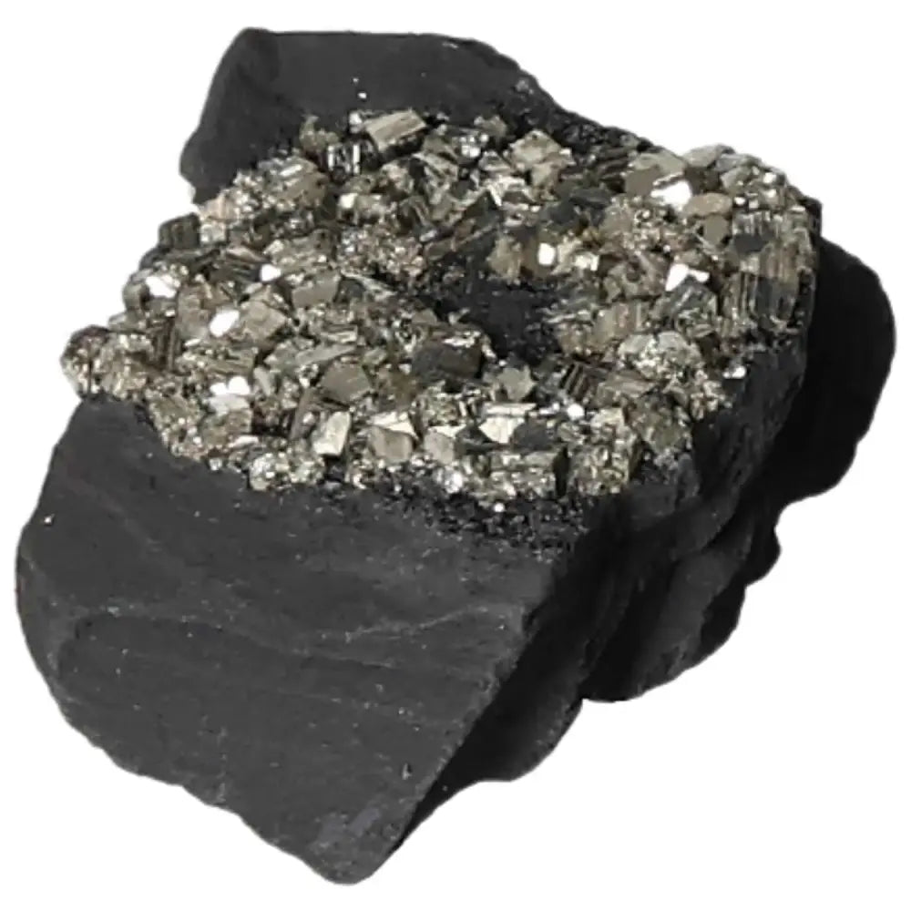 Pyrite with Basalt stone from Sylvia Crystals, showcasing sparkling pyrite crystals with grounding basalt for energy and creativity.