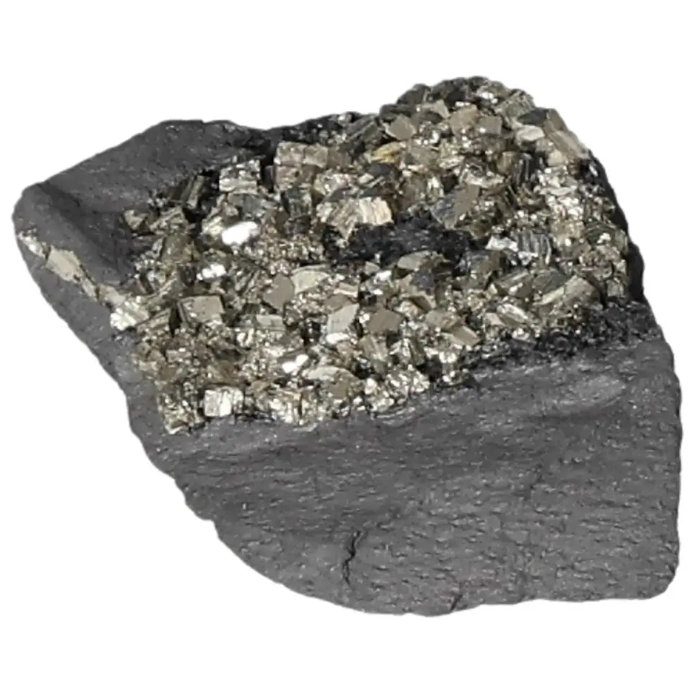 Pyrite with Basalt stone showcasing its shiny surface, blending energy and elegance, ideal for independence and creativity from Sylvia Crystals.