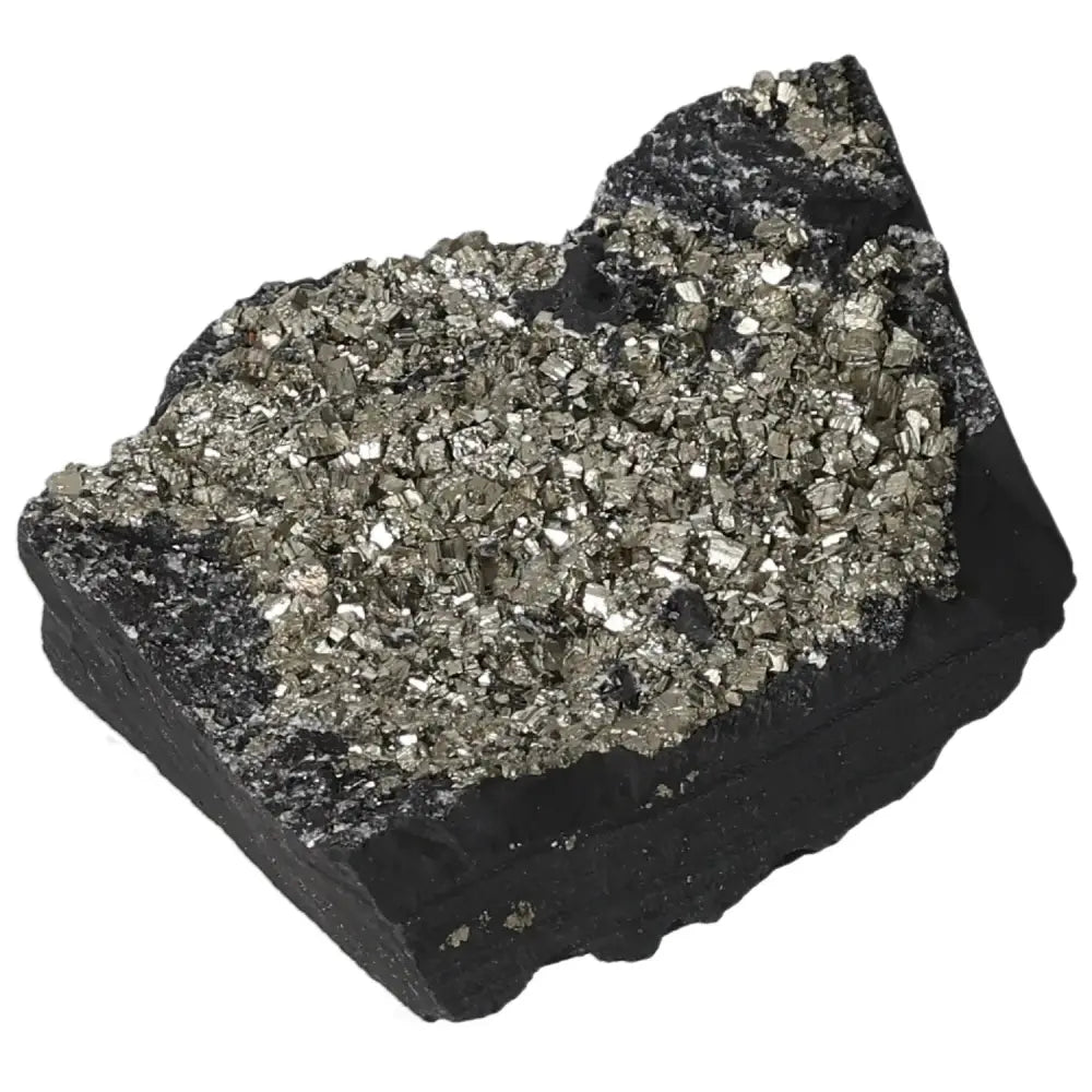 Pyrite with Basalt crystal from Sylvia Crystals, featuring shimmering gold hues and grounding black stone formation.