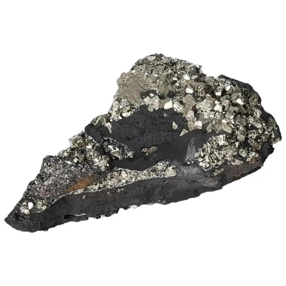 Pyrite with Basalt stone offering confidence-boosting and grounding properties from Sylvia Crystals, perfect for creative inspiration.