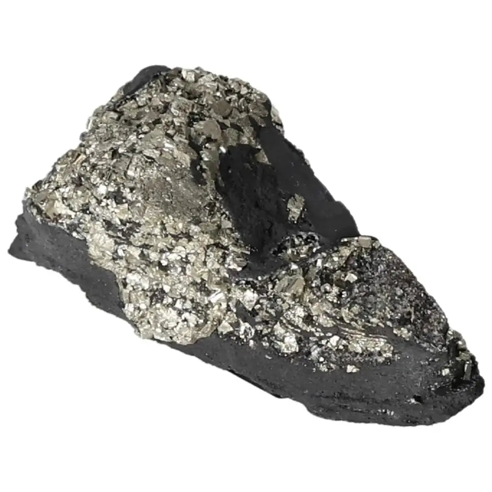Pyrite with Basalt crystal for confidence and grounding, from Sylvia Crystals, ideal for creativity and overcoming fears.