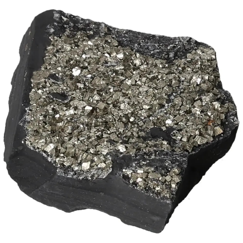 Pyrite With Basalt crystal from Sylvia Crystals showcasing golden shimmer and dark tones for spiritual and personal growth.