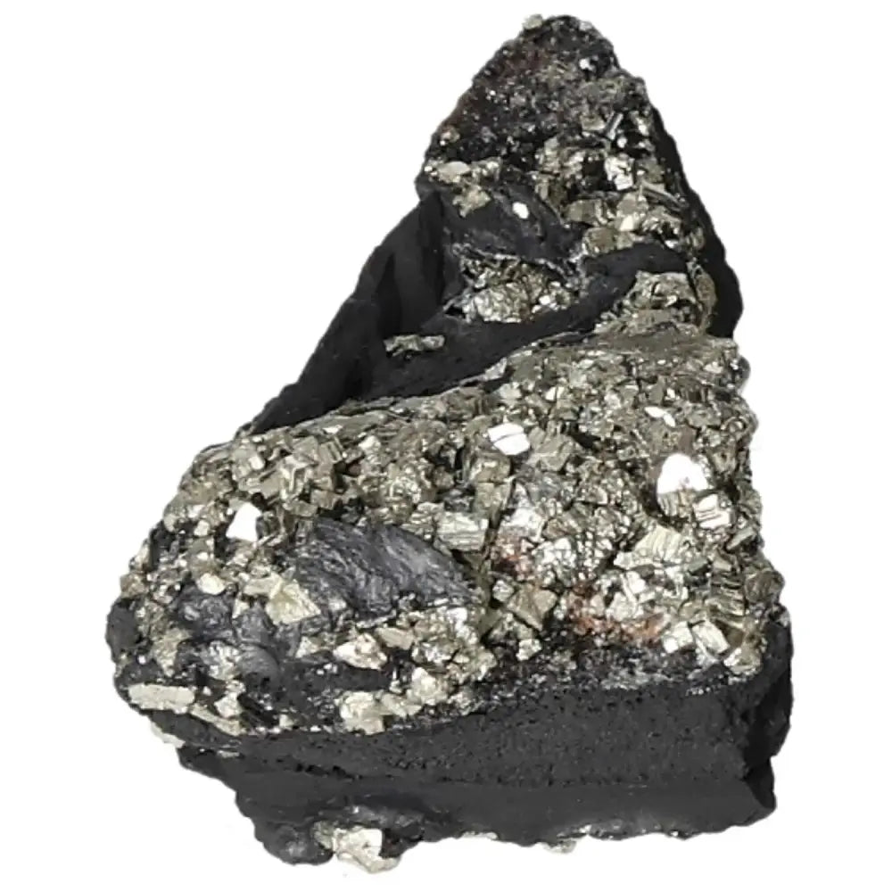 Close-up of Sylvia Crystals' Pyrite with Basalt, a luxury stone combining confidence-boosting pyrite and grounding basalt energy.