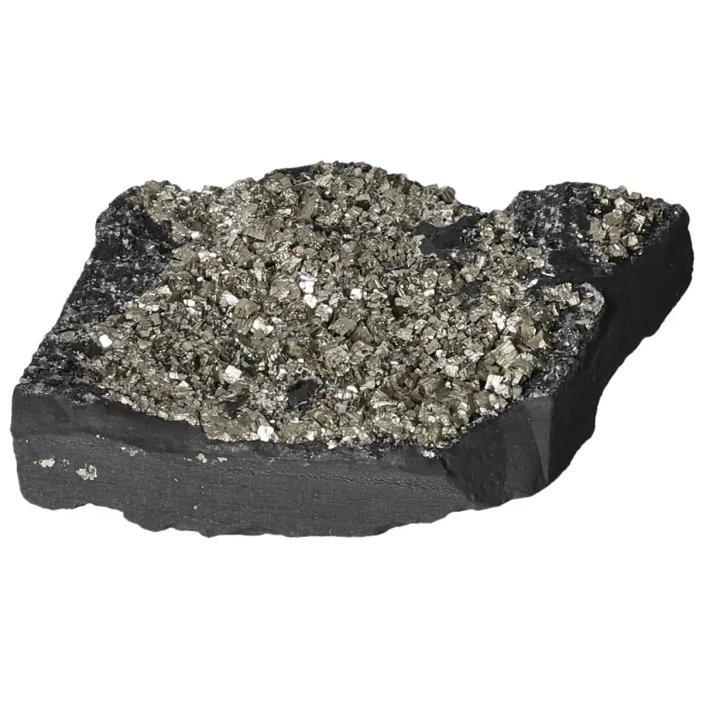 Pyrite with Basalt crystal from Sylvia Crystals, showcasing shimmering Pyrite on grounding Basalt base. Ideal for spiritual growth.