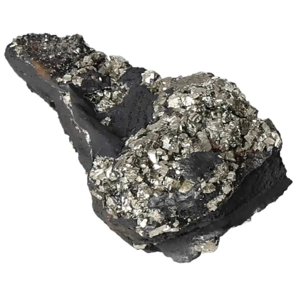 Pyrite with Basalt crystal by Sylvia Crystals, showcasing metallic Pyrite atop grounding Basalt, ideal for creativity and motivation.
