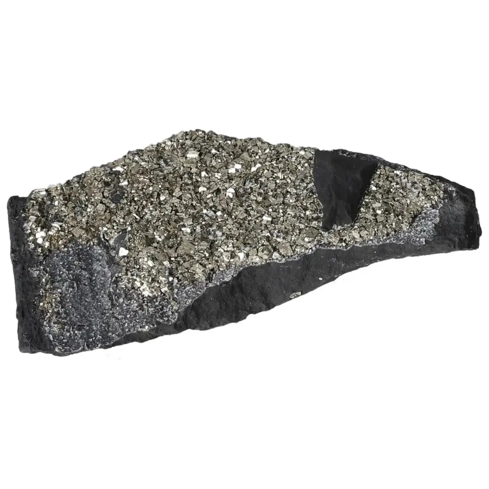 Pyrite with Basalt, part of the Sylvia Crystals collection, known for promoting creativity and independence, on a white background.