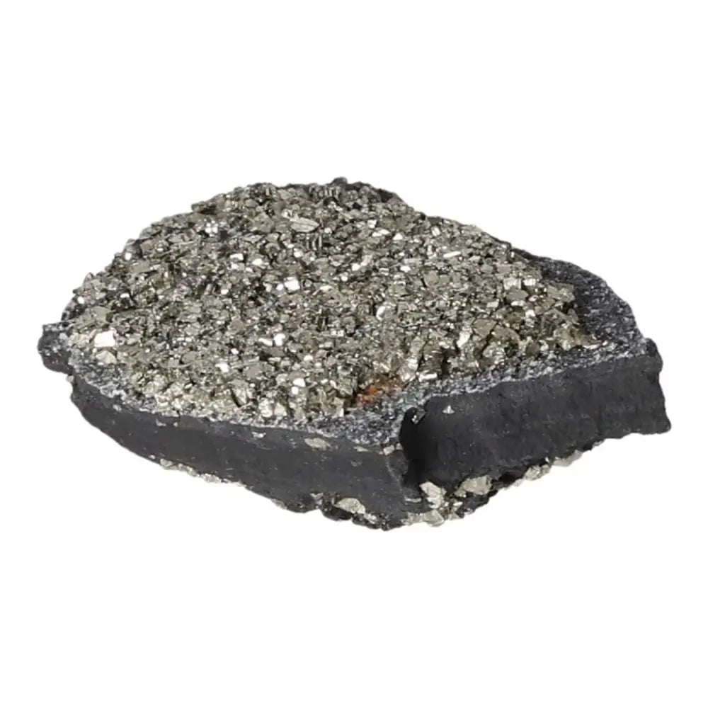 Close-up of Pyrite With Basalt stone from Sylvia Crystals, showcasing its metallic luster and dark basalt base for decorative and transformational use.