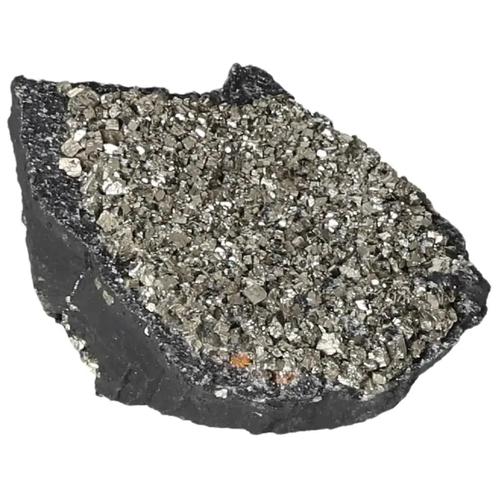 Close-up of pyrite crystals on basalt rock, showcasing natural metallic luster and unique texture, offered by Sylvia Crystals.