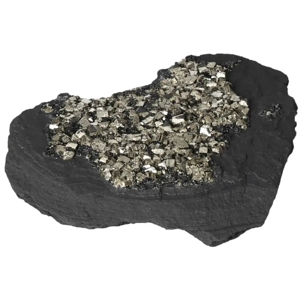 Close-up of Sylvia Crystals' Pyrite With Basalt, showcasing the sparkling pyrite atop dark basalt, inspiring creativity and courage.