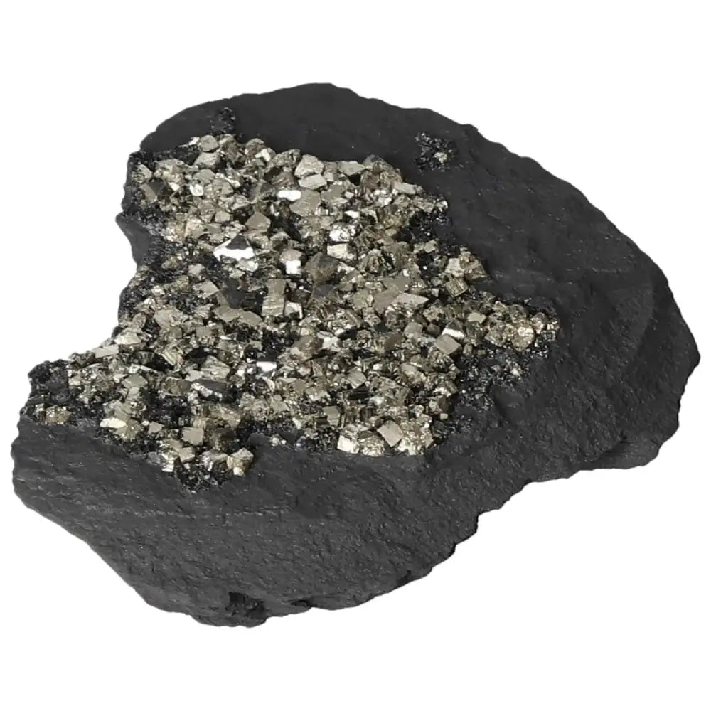 Close-up of a Pyrite with Basalt crystal from Sylvia Crystals, symbolizing mental fortitude and inspiring creativity and courage.