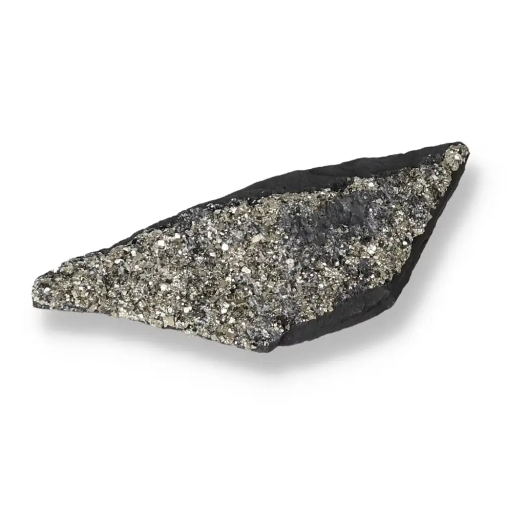 Pyrite with Basalt stone from Sylvia Crystals, highlighting its sparkling pyrite surface and grounding basalt base.