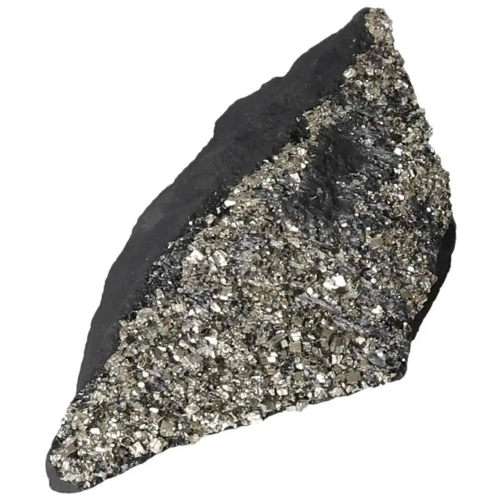 Pyrite With Basalt stone by Sylvia Crystals, showcasing shimmering gold pyrite crystals on dark basalt.