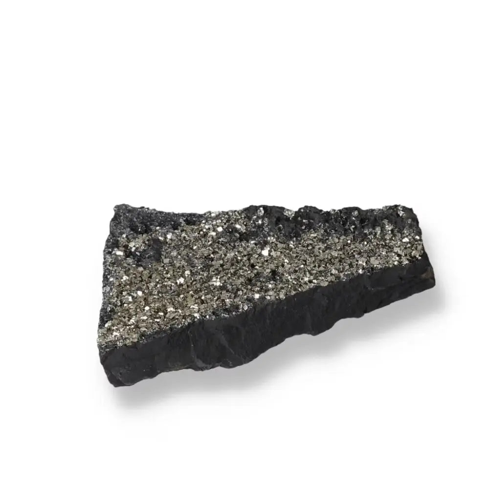Pyrite with Basalt stone from Sylvia Crystals, enhances creativity and grounding; ideal for fostering independence and innovation.