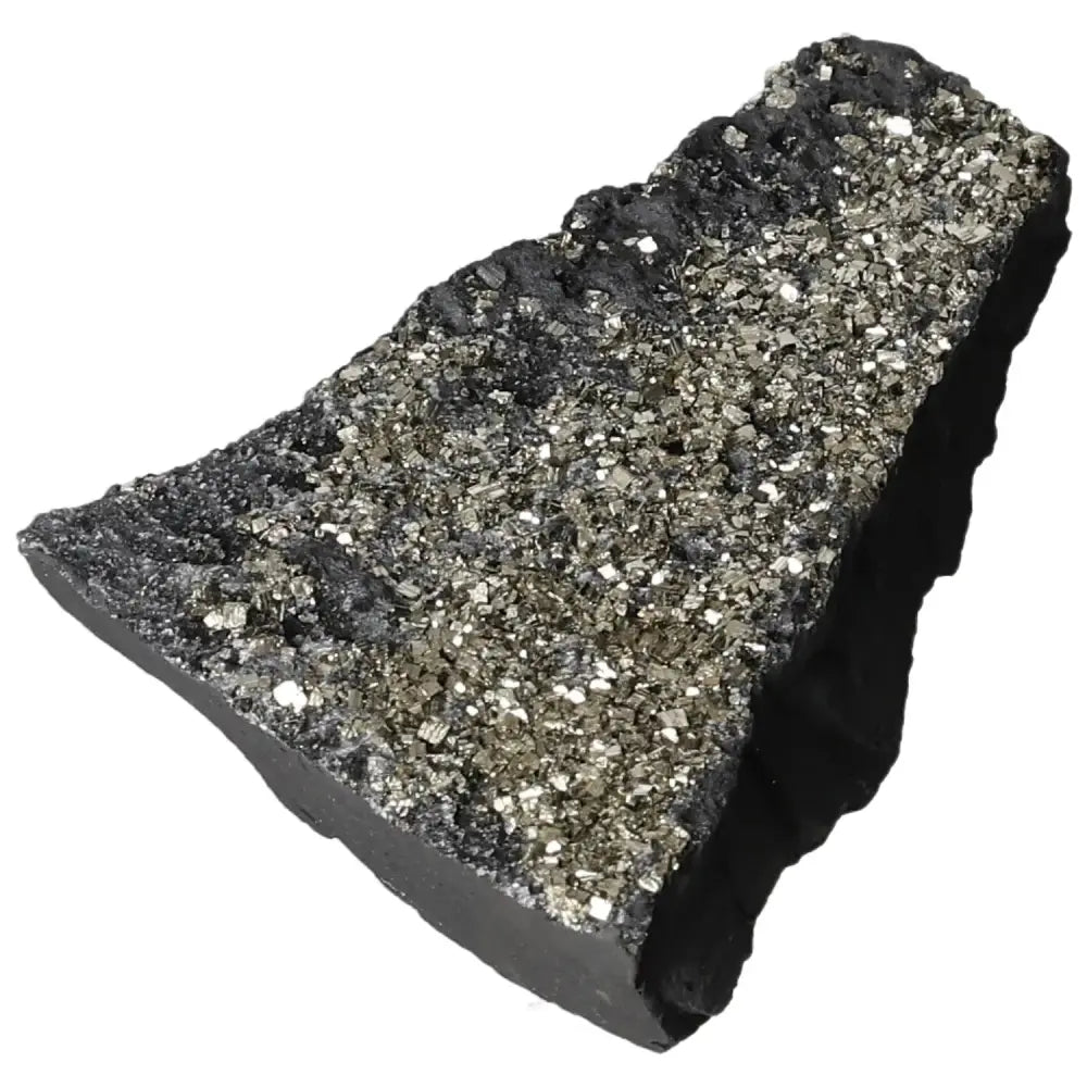 Sparkling pyrite crystals embedded in a basalt matrix, highlighting natural texture and shimmer, from Sylvia Crystals.