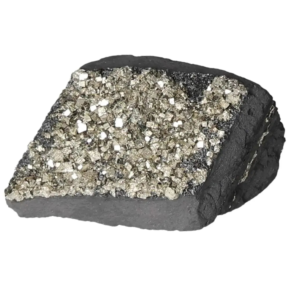 Pyrite with Basalt crystal showcasing metallic sparkle, perfect for enhancing courage and creativity, from Sylvia Crystals.