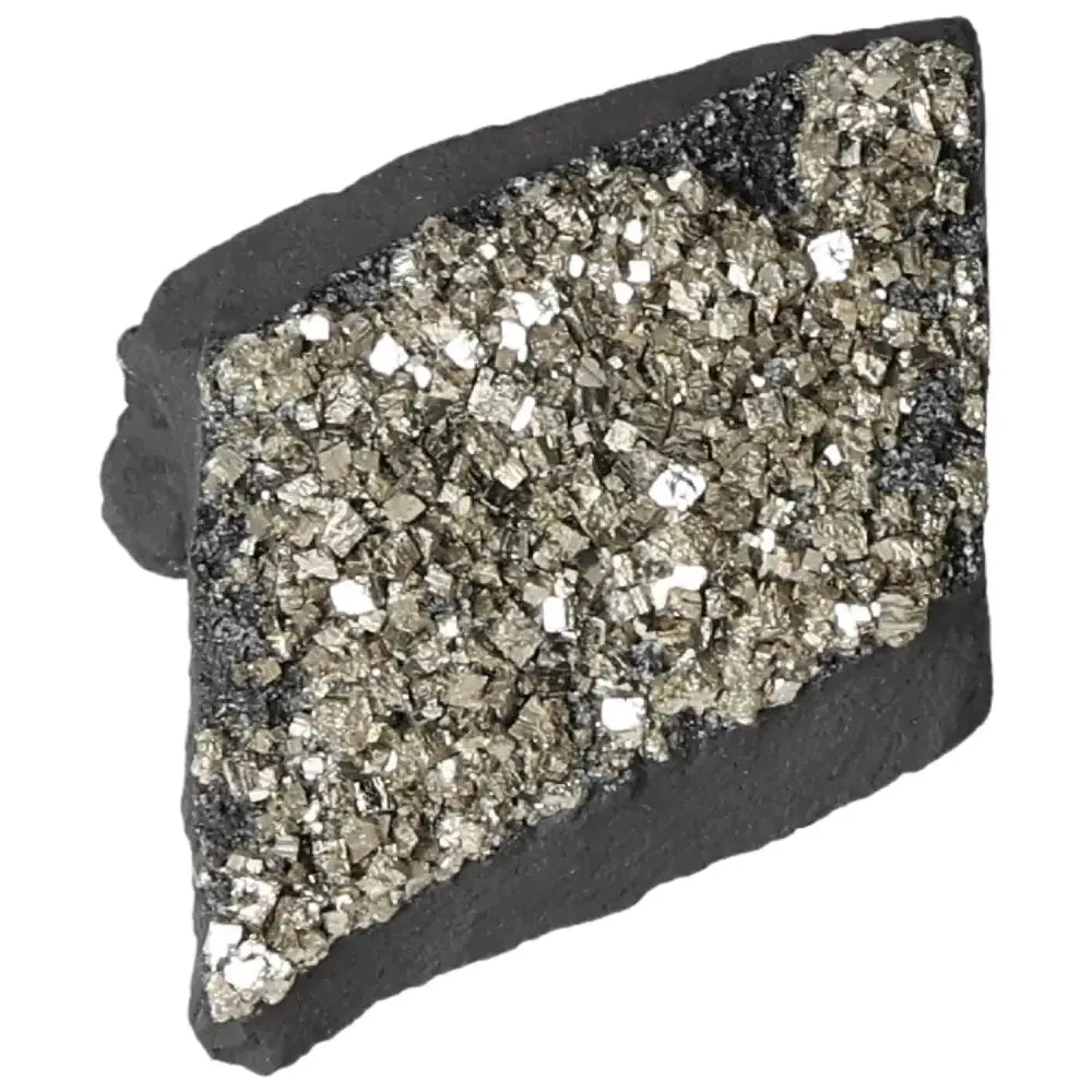 Pyrite with Basalt from Sylvia Crystals, highlighting its sparkling metallic and stone finish, ideal for enhancing courage and creativity.