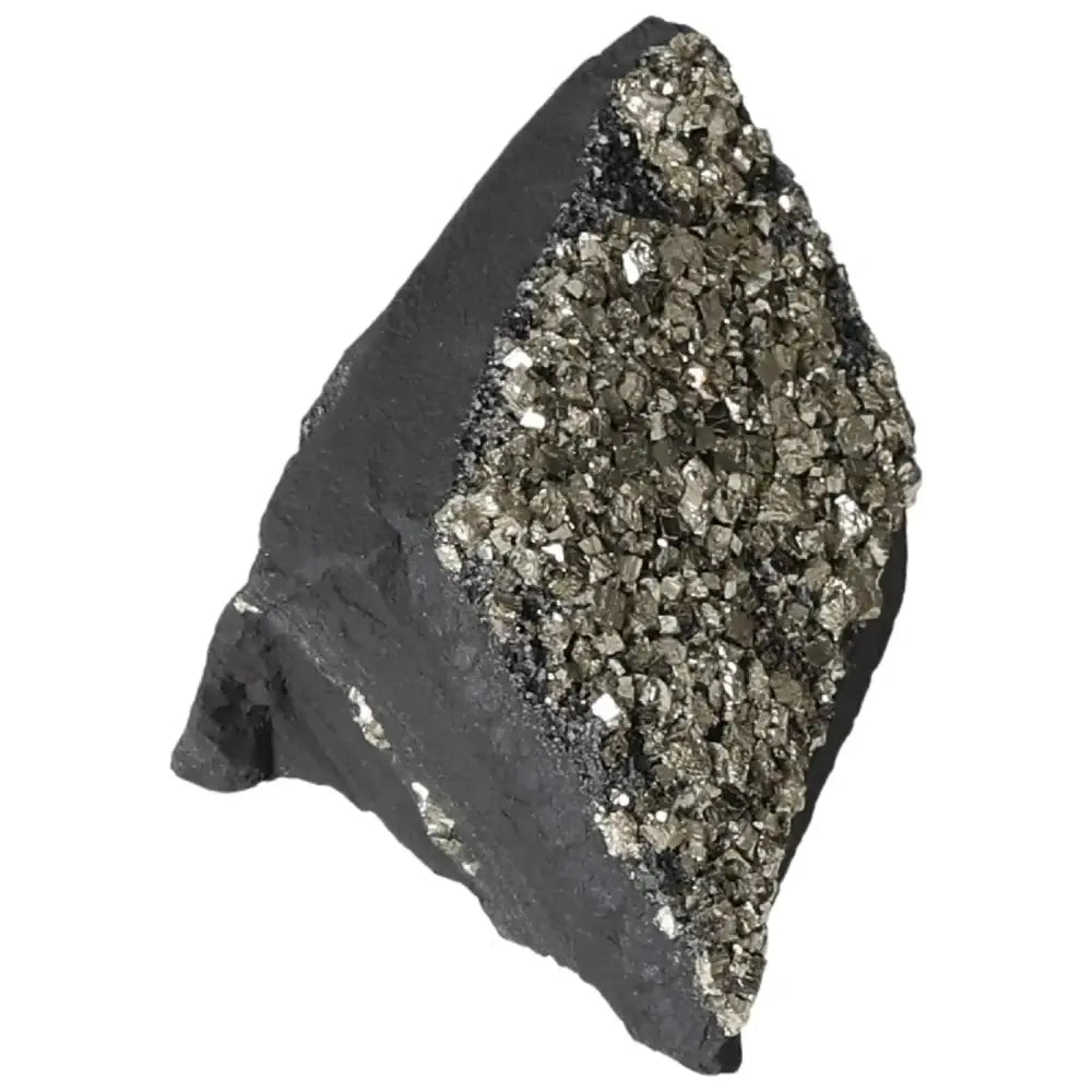 Pyrite with basalt crystal formation, showcasing metallic luster and dark stone base, by Sylvia Crystals. Ideal for courage and creativity boost.
