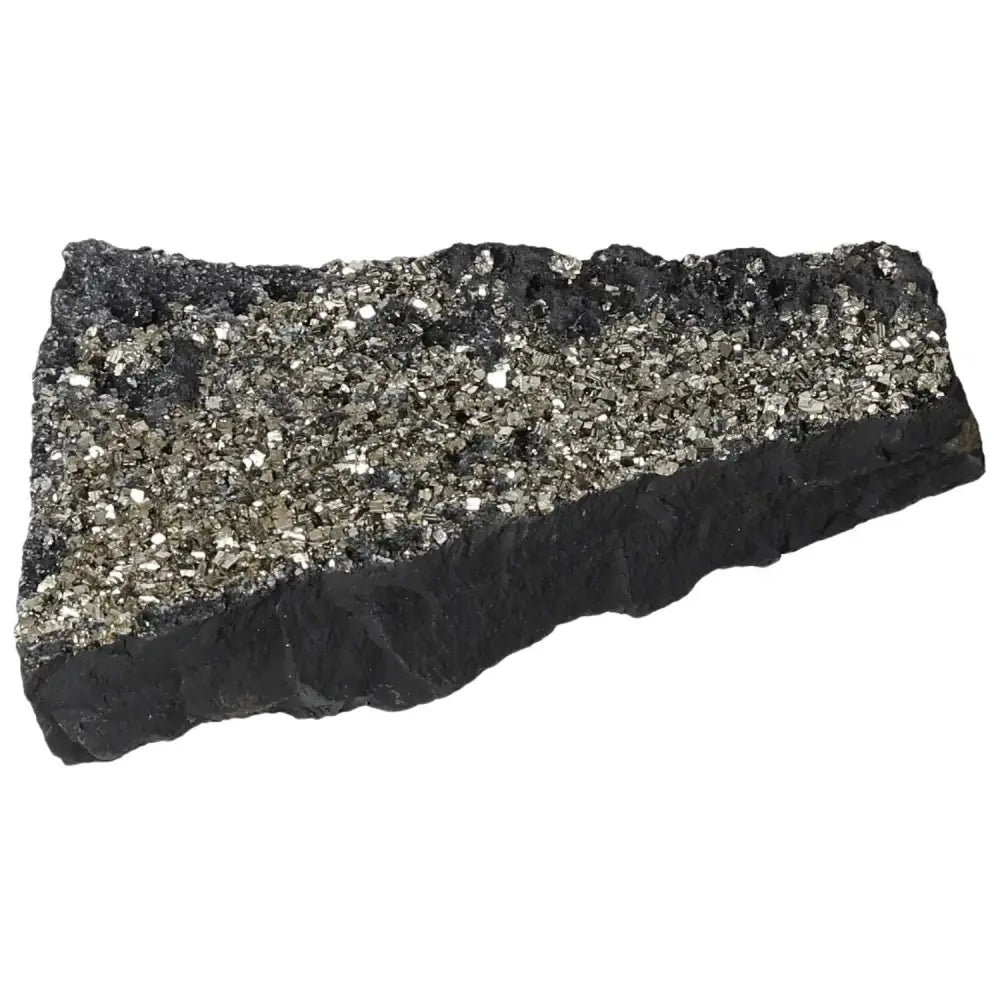 Sparkling Pyrite with dark Basalt crystal, enhancing creativity and grounding, from Sylvia Crystals. Ideal for inspiration and stability.