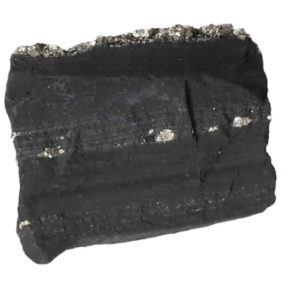 Pyrite with basalt rock from Sylvia Crystals showcasing its unique texture and shimmer, enhancing courage and creativity.