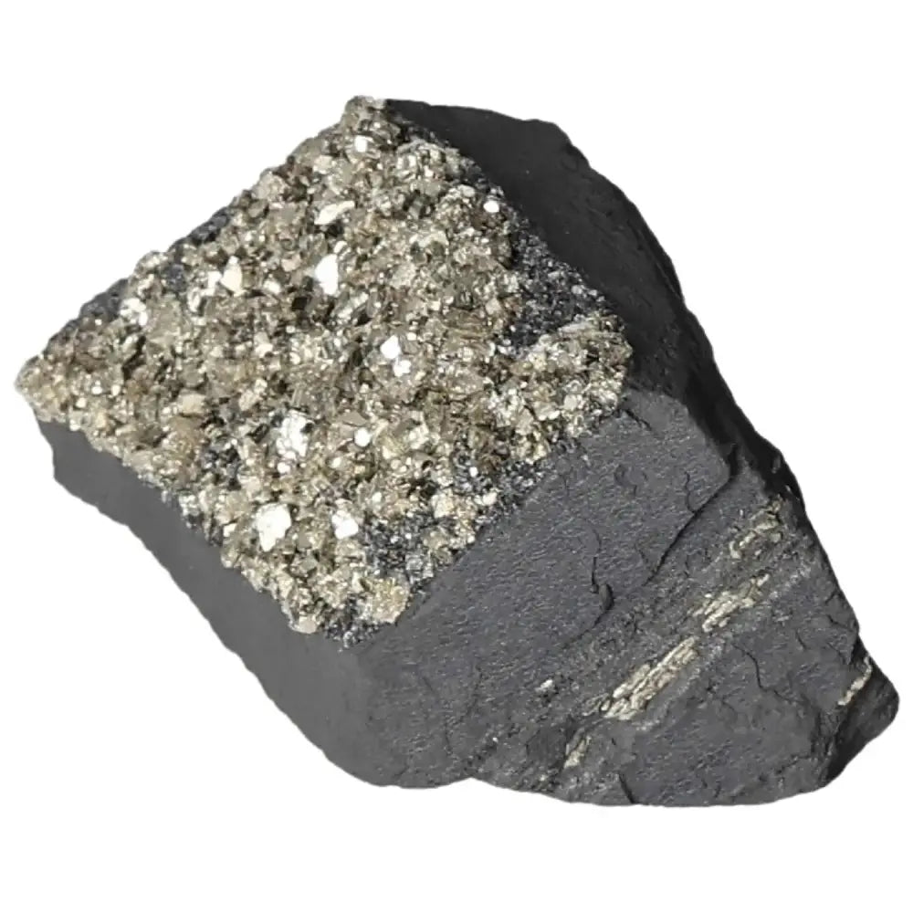 Premium Pyrite and Basalt crystal from Sylvia Crystals, symbolizing strength and creativity. Ideal for enhancing courage and innovation.
