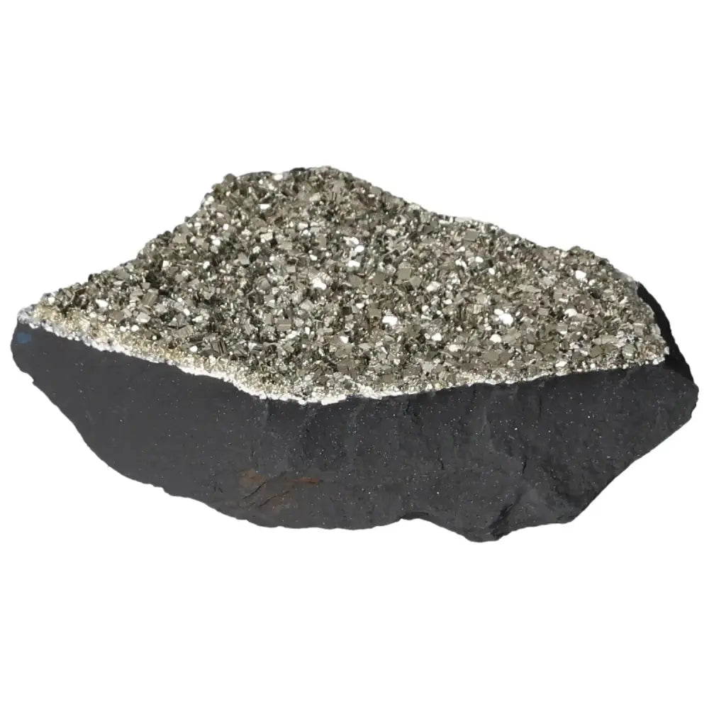 Pyrite with basalt stone from Sylvia Crystals, showcasing a sparkling fusion symbolizing resilience and personal growth.