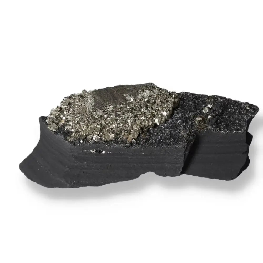Handpicked Pyrite with Basalt crystal, enhancing motivation and grounding. Sylvia Crystals' transformative energy product.