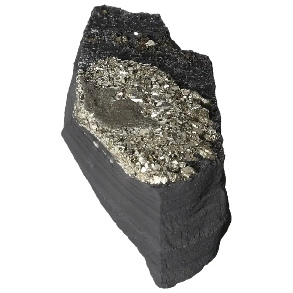 Pyrite with Basalt crystal, boosting motivation and grounding energy, by Sylvia Crystals. Enhance personal growth and stability.