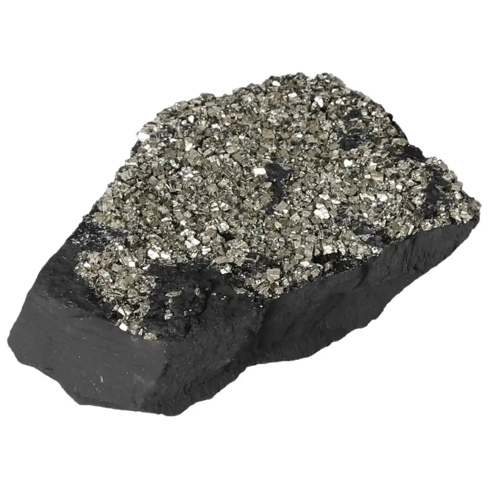 Premium Pyrite with Basalt crystal from Sylvia Crystals, showcasing its sparkling, metallic luster and dark, grounding base.