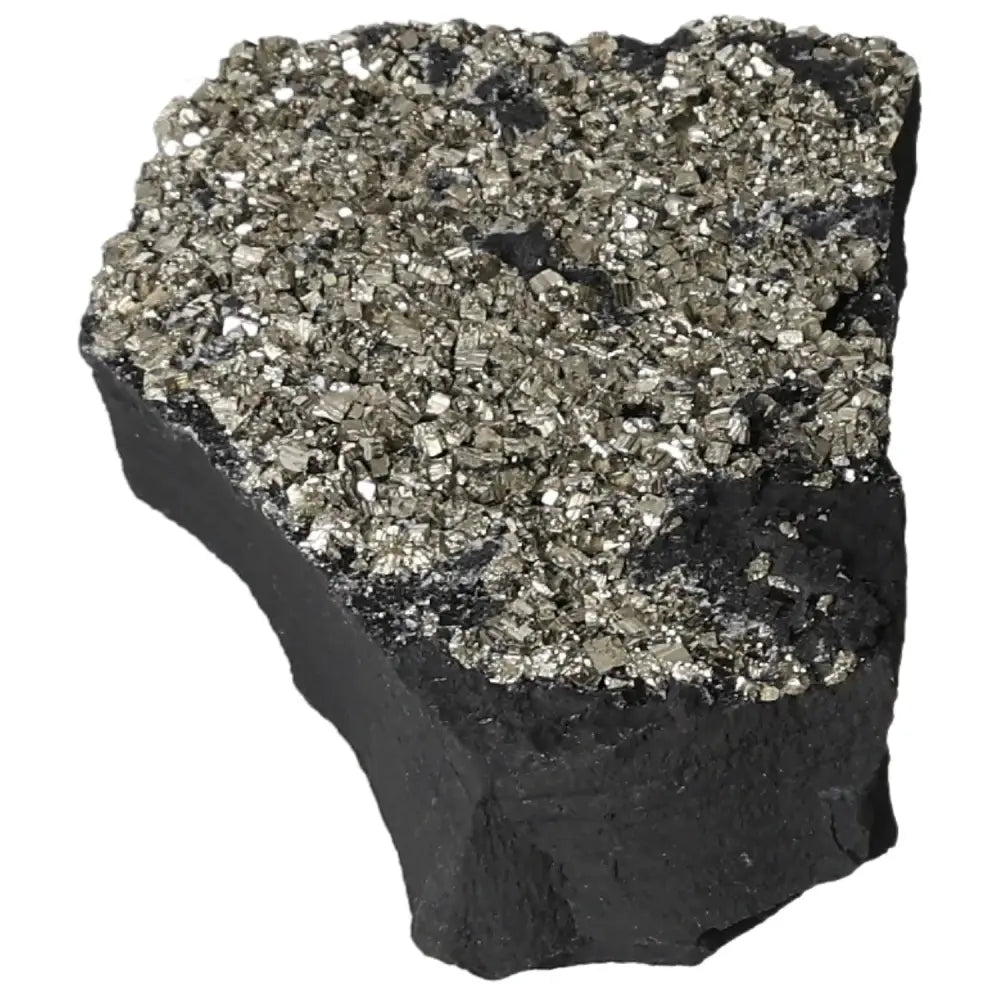 Pyrite and Basalt crystal cluster, showcasing sparkling pyrite atop a dark basalt base, known for creativity and grounding properties.