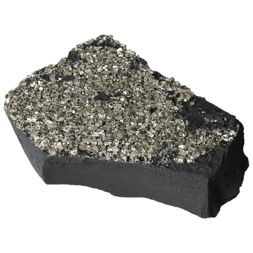 Close-up of Pyrite with Basalt crystal, showcasing its shimmering surface and contrasting textures, symbolizing creativity and grounding energy.