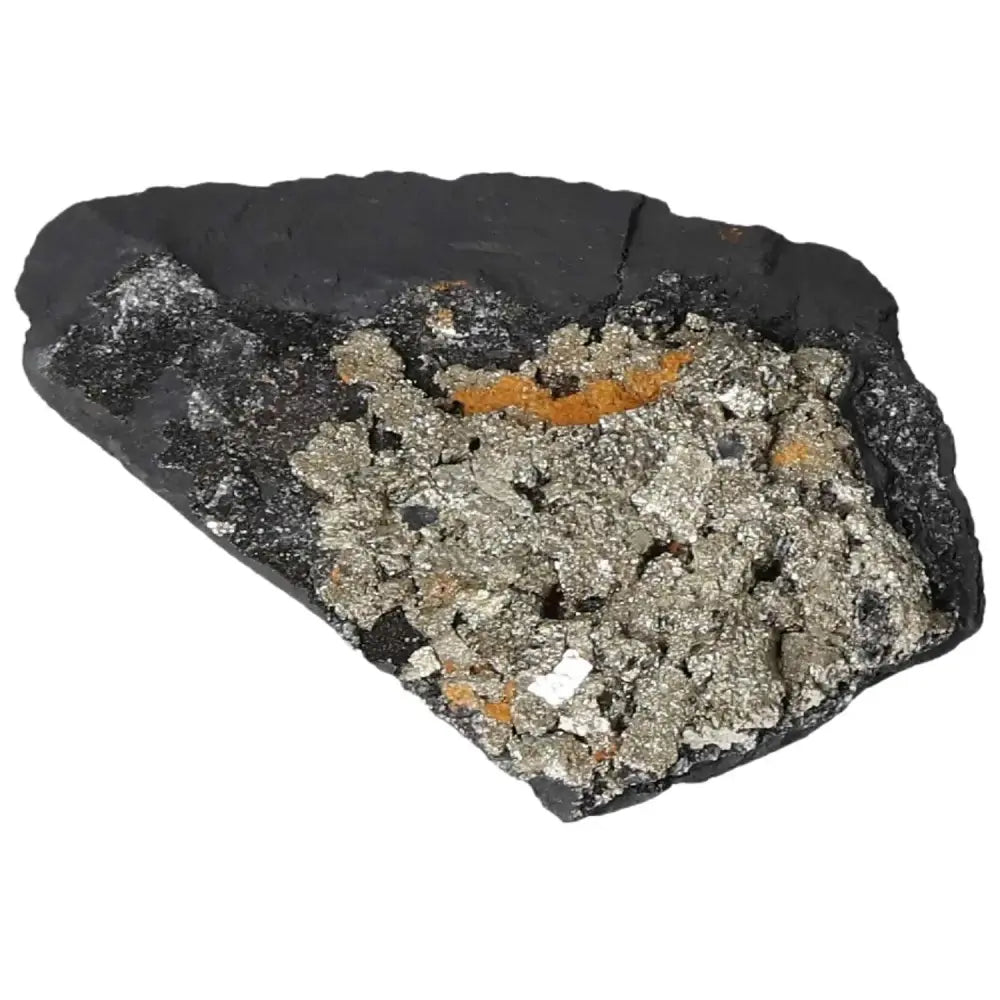 Pyrite with Basalt from Sylvia Crystals, showcasing golden and dark hues, known for energizing and grounding properties.